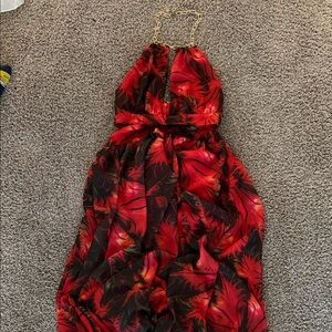 Red and Black Halter Maxi Dress with Gold Chain Straps